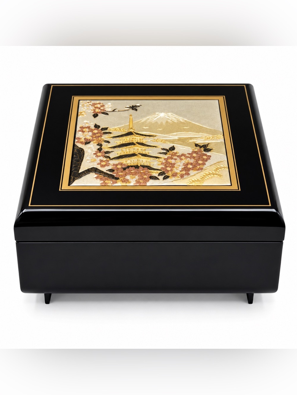 Vintage Japanese Chokin Art Wooden Musical Jewelry Box Mt Fuji Pagoda Red Velvet